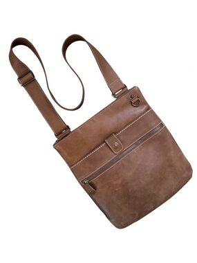 Roots Brown Leather Crossbody Bag Zipper Closure Adjustable Strap